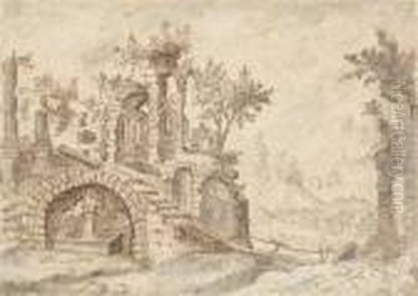 Landschaftmit Ruine Und Einem Brunnen - view 1