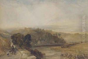 Driving the herd through an extensive landscape, a castle in the hills beyond by John Faulkner