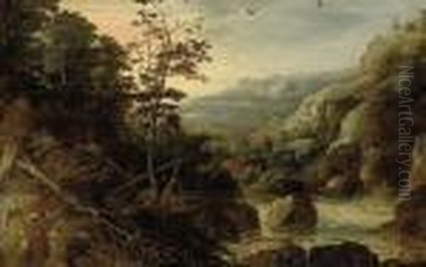 A Wooded River Landscape With A Village Beyond - view 1