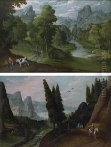 Paysage Montagneux Avec Une Riviere Anime De Cavaliers