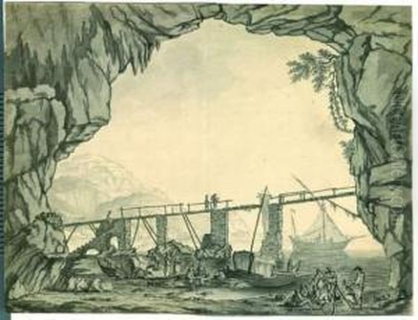 Riviere Animee De Figures Et De Barques Dans Un Paysage Rocheux Et Montagneux - view 1