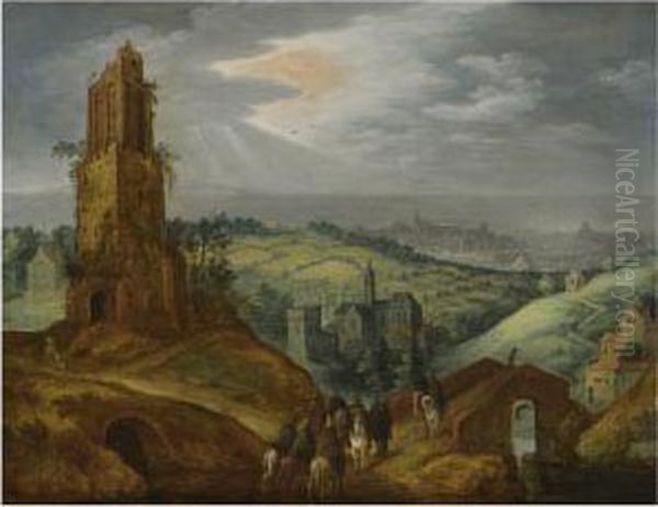 Landscape With Travellers On Horseback Beneath A Ruined Tower, Adistant City Beyond - view 1