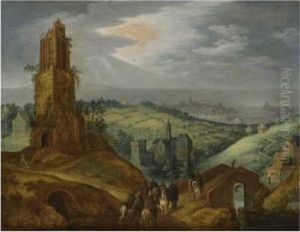 Landscape With Travellers On Horseback Beneath A Ruined Tower, Adistant City Beyond