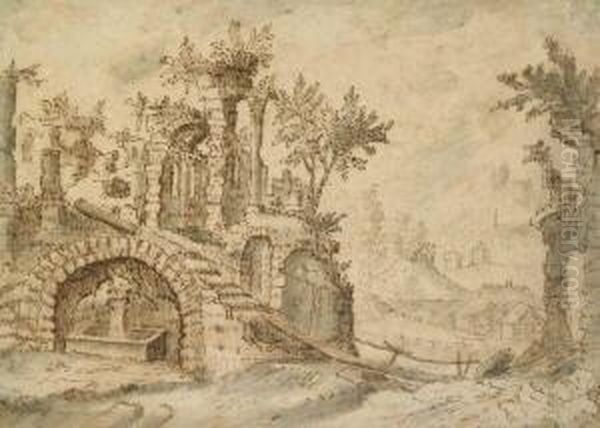 Ruinenlandschaft Mit Brunnen, Im Hintergrund Eine Wassermuhle - view 1