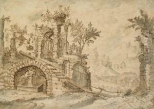 Ruinenlandschaft Mit Brunnen, Im Hintergrund Eine Wassermuhle