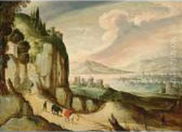 A Panoramic Mountainous
Landscape With A Traveller And His Donkeys On A Path, A Town Near A Lake
Beyond - view 1