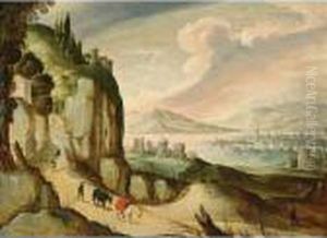 A Panoramic Mountainous
Landscape With A Traveller And His Donkeys On A Path, A Town Near A Lake
Beyond by Tobias van Haecht (see Verhaecht)