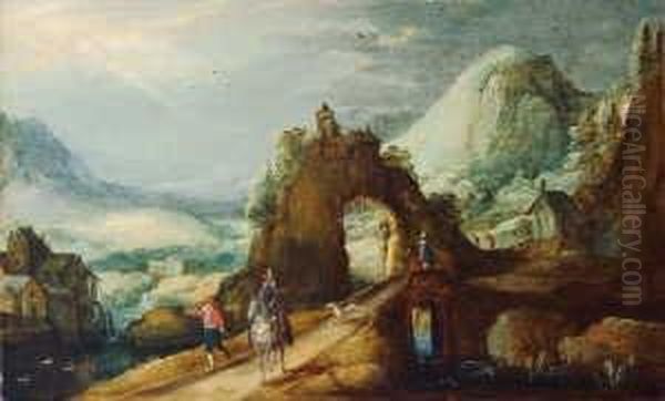 Gebirgslandschaft Mit Einem Felsbogen Und Einem Reiter. - view 1