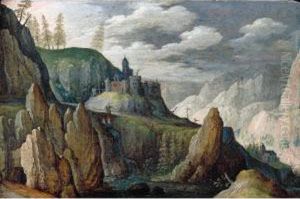 An Extensive Mountainous Landscape With Two Figures Crossing A Bridge, A Castle Beyond by Tobias van Haecht (see Verhaecht)
