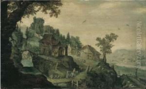 Promeneurs Sur Un Pont Devant Un Village Fortifie by Tobias van Haecht (see Verhaecht)