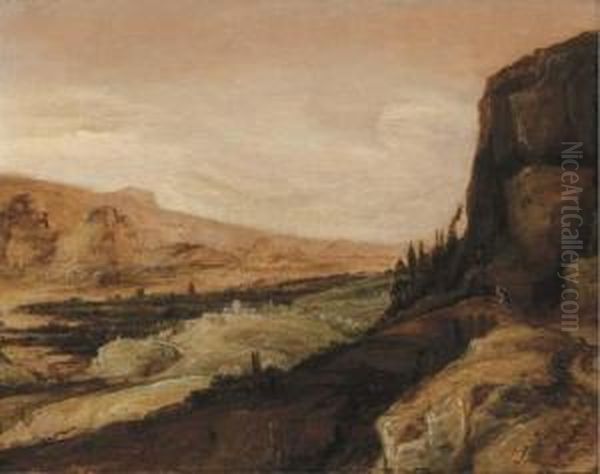 An Extensive Landscape With A Traveller On A Bridge - view 1