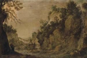 A Rocky Landscape With A Waterfall And Two Figures By A River by Tobias van Haecht (see Verhaecht)