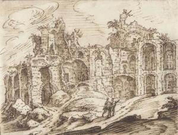 A Ruined Bath With Figures Among Rocks In The Foreground - view 1