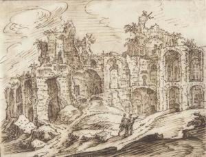 A Ruined Bath With Figures Among Rocks In The Foreground
