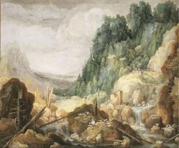 A Mountainous River Landscape
With A Goatherder Resting On A Rock, A Watermill And A Waterfall Beyond - view 1