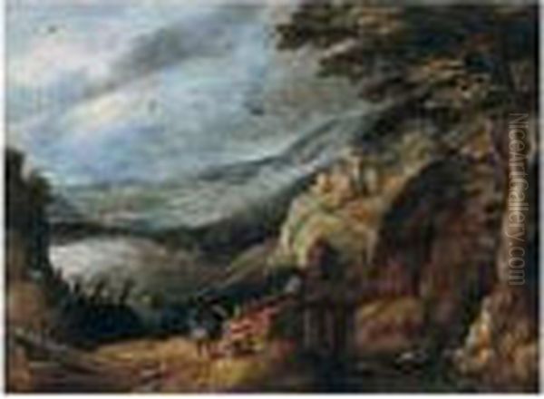 An Extensive Landscape With A
Rider Giving Alms To A Man Beside A Bridge, A Monastery Beyond - view 1