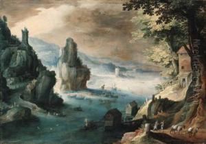An Estuary With Travellers On A Path Before A House, A Harborbeyond