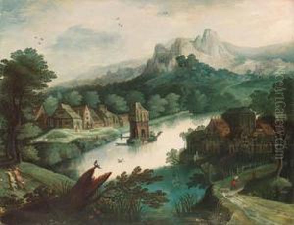 A Wooded River Landscape With Figures By A Village And A Tower Onan Island - view 1