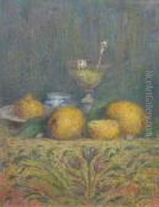 'still Life Study Of Fruit And
Cocktail Glass', Oil, Signed With Initials And Incribed Verso Panel, 14 by Alfred Verhaeren