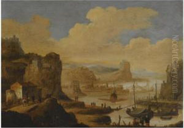 A Mediterranean Harbour Scene
With Figures On The Shore Near Fishing Barges And A Galley, A View Of A
Town Along A Coastline Beyond - view 1