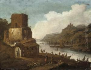 A River Landscape With Figures On A Bank, A Town Beyond