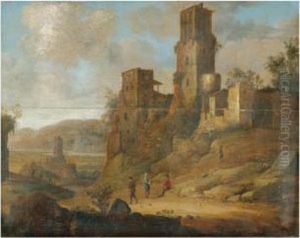 An Extensive River Landscape With Figures Resting Near A Ruined Fortification An Extensive River Landscape With Figures Resting Near A Ruined Fortification