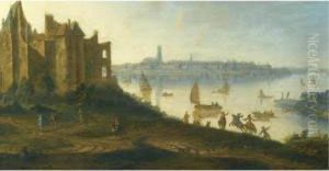 A Dutch River Landscape With A Ruined Castle In The Foreground And A Town Beyond by Dirck Verhaert