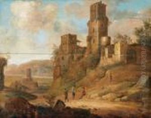 Paesaggio Fluviale Con Una Fortificazione Diroccata E Figure
