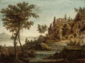 A River Landscape With Figures And Ruins By A Waterfall
