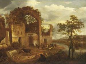 Architectural Capriccio With Peasants And Cattle by Dirck Verhaert