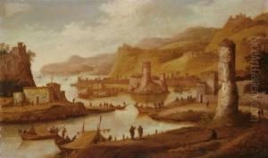 Phantastische Flusslandschaft Mit Wachtturmen Und Einer Stadt
