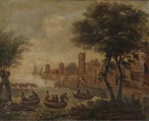 A Riverside Town With Anglers In Boats by Dirck Verhaert