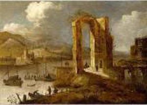 A River Landscape With Travellers Amongst Ruins A River Landscape With Travellers Amongst Ruins