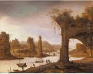A River Landscape With Figures Standing Before Ruins by Dirck Verhaert