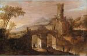 Italianate River Landscape With A Horseman And Fishermen Before A Bridge, A Town Beyond by Dirck Verhaert
