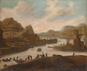 A Riverside Village With Figures On Ferries, A Hilltop Castle Beyond