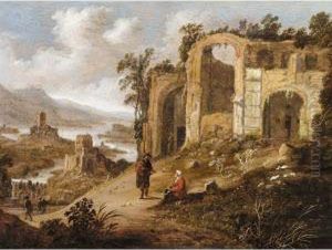 An Extensive River Landscape With Figures Resting Before Ruins An Extensive River Landscape With Figures Resting Before Ruins