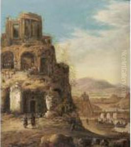 Paysans Devant Des Ruines Antiques Dominant La Riviere by Dirck Verhaert
