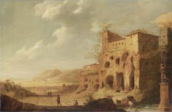 A Hilly Landscape With Figures And Cattle Among Roman Ruins, A Town Beyond - view 1