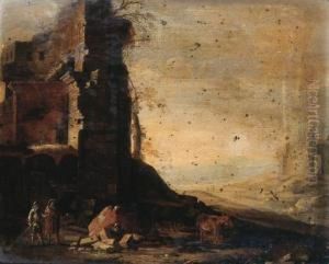Travellers By Classical Ruins In An Italianate Landscape by Dirck Verhaert