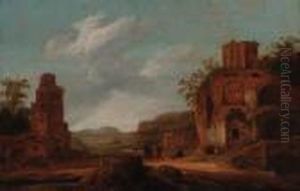 An Italianate Landscape With Travellers Before A Ruin by Dirck Verhaert