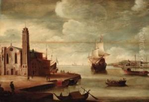 An Italianate Harbour With A Church On A Quayside