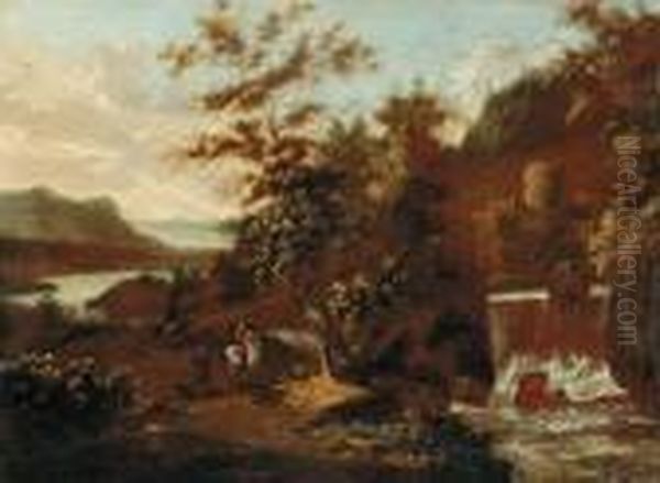 A Wooded River Landscape With Travellers Before A Waterfall - view 1