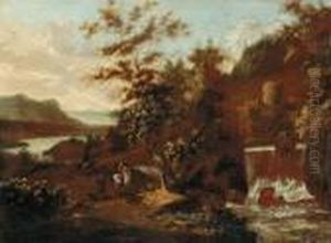 A Wooded River Landscape With Travellers Before A Waterfall by Dirck Verhaert