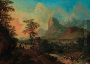 An Italianate landscape with figures on a pass by a shrine at sunset