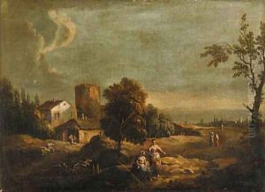A landscape with peasants by a ruined tower