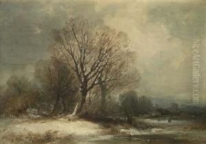 "romantische Verschneite Fluslandschaft"
Mit Personenstaffage, Oben Ein Kleiner Kratzer by Theodor Verhas
