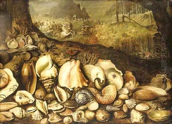 The Maritime Realm a still life of shells on a shore, the Triumph of Neptune beyond - view 1