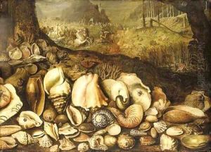 The Maritime Realm a still life of shells on a shore, the Triumph of Neptune beyond by Hieronymus II Francken