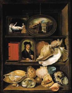 A still life of shells, paintings and books on recessed shelves by Hieronymus II Francken